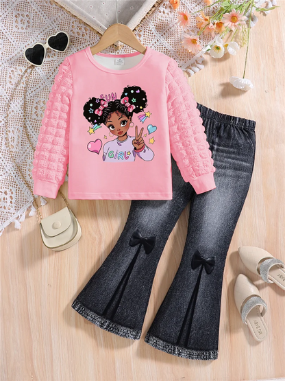 Conjunto de moda para niña de primavera y otoño con cuello redondo blanco, estampado de dibujos animados, manga larga y pantalones adelgazantes de color liso, dos piezas