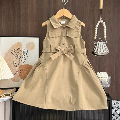 Vestidos de verano sin mangas para niñas, estilo rompevientos, con cintura elástica y colores sólidos, para el trabajo