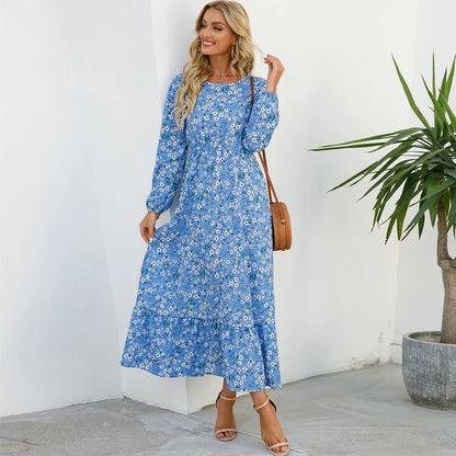 Vestidos largos bohemios informales de manga larga y cintura alta para mujer, de gasa, para playa, primavera y otoño, con estampado floral