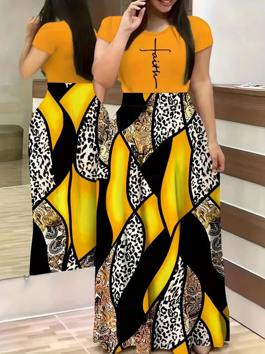 Geo & Faith Print Splicing Dress, Casual Short Sleeve Crew Neck Cinched Waist Dress For Spring & Summer, Women's Clothing