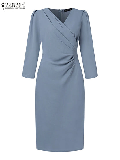 ZANZEA - Vestido de verano para mujer, sexy, de color liso, largo hasta la rodilla, ajustado, elegante, con mangas 3/4 y escote en V, para trabajo, 2025
