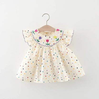 Vestido de verano para niña con lunares coloridos y bordado de flores, vestido de princesa para niña, bonitos vestidos de playa para niña.