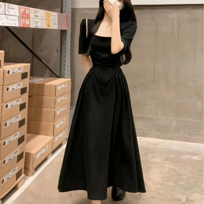 Vestido francés de talla grande, color liso, elegante, ajustado, con cintura adelgazante y cuello cuadrado, nuevo estilo de verano para mujeres regordetas.