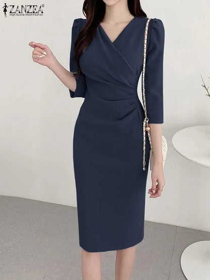 ZANZEA - Vestido de verano para mujer, sexy, de color liso, largo hasta la rodilla, ajustado, elegante, con mangas 3/4 y escote en V, para trabajo, 2025
