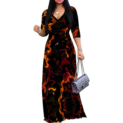 Blue Swirl Print Wrap Maxi Dress S-3XL | Elegant V-Neck Dress for Casual Outings, Parties, and Summer Events