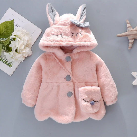 Conjunto de 2 piezas de ropa para niña, nueva chaqueta con capucha de conejo de manga larga, lazo de felpa de invierno, ropa para niños de 0 a 3 años.