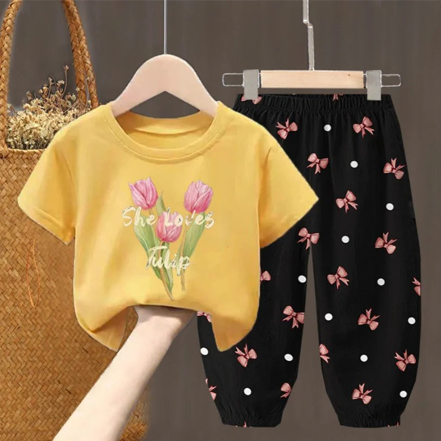 Conjuntos de verano para niñas, ropa para niños pequeños, camiseta de moda, top y pantalones, 2 piezas