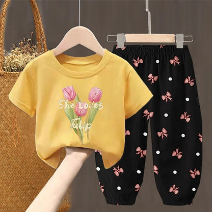 Conjuntos de verano para niñas, ropa para niños pequeños, camiseta de moda, top y pantalones, 2 piezas