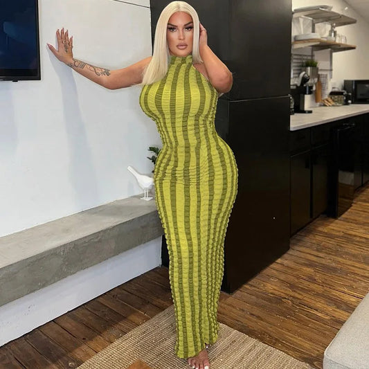 Hugcitar Patchwork Sexy Y2K Ropa Sin Mangas Espalda Descubierta Halter Fruncido Bodycon Vestidos Largos Para Mujeres Club Fiesta de Cumpleaños Trajes