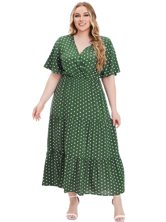 Vestidos casuales bohemios de manga corta con cuello en V y estampado de lunares a la moda para mujeres de talla grande.