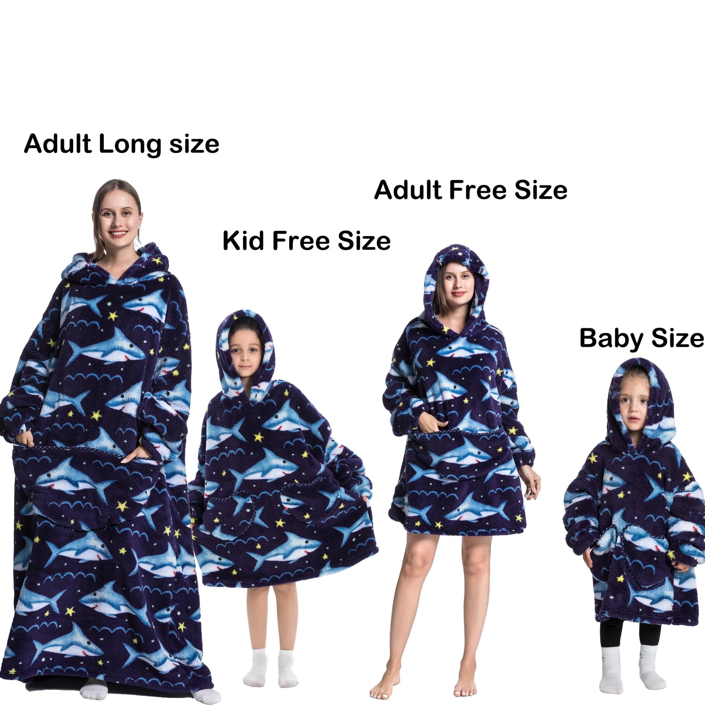 Manta de franela con mangas, sudadera de invierno, jersey de forro polar, manta usable con tiburón gigante, sudadera con capucha para adultos, niños y bebés