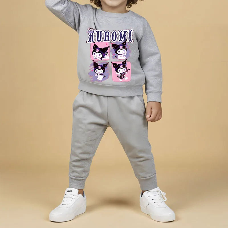 Conjuntos de sudaderas con capucha para niños de Sanrio, otoño y primavera, chándal con estampado de Kuromi para niños y niñas, conjunto de 2 piezas de jersey y pantalón transpirables para niños