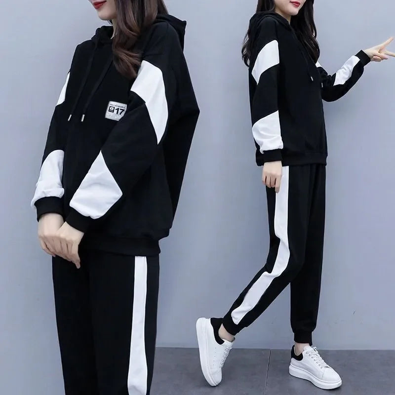 Conjunto deportivo de dos piezas para mujer, informal, holgado y a la moda, de talla grande, para primavera y otoño, nuevo estilo, 200 libras, ropa femenina de talla grande.