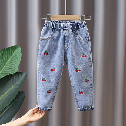 Pantalones vaqueros largos con estampado floral de dibujos animados para niñas, pantalones casuales con agujeros y estampado de grafiti para primavera y otoño