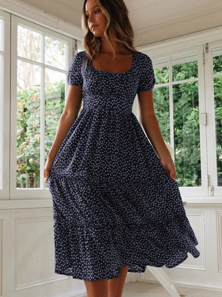 Sexy Square Collar Floral Print Midi Dress 2024 Women's Summer Puff Short Sleeve Ruffles Casual Party Dresses For Women Robe