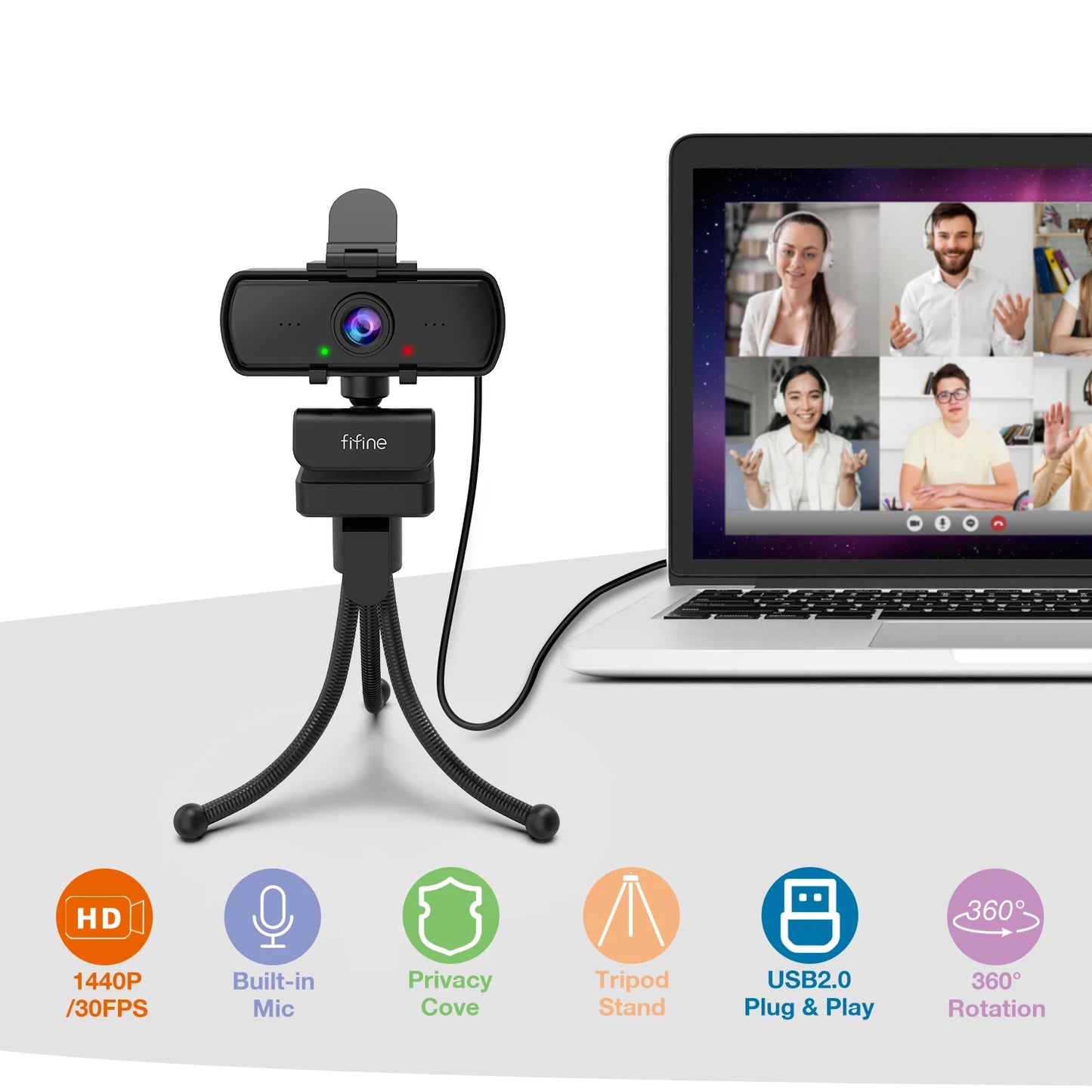 Cámara web FIFINE 1440p Full HD para PC con micrófono, trípode, para computadoras de escritorio y portátiles con conexión USB, cámara web con transmisión en vivo para videollamadas - K420