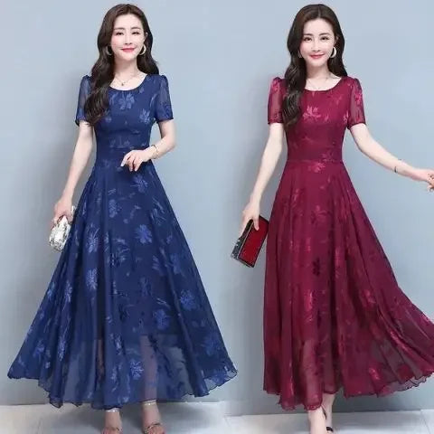 Summer New Women's Short Sleeve Printed Dress Slimming Waist Flared Long Skirt Korean Style Elegant Fashionable Casual Dress