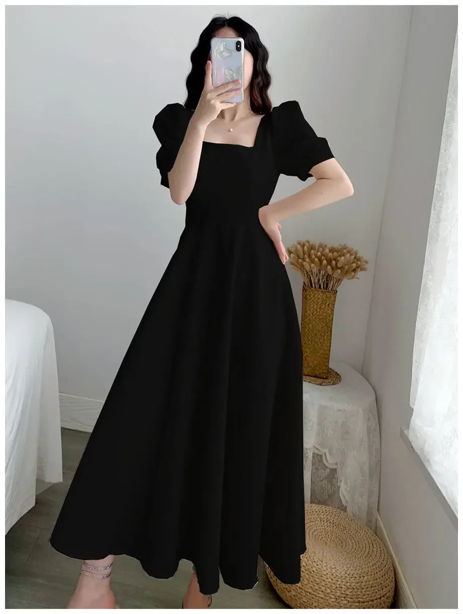 Vestido blanco ajustado para mujer, manga abullonada, cuello cuadrado, estilo ligero y a la moda, falda larga informal de verano, estilo coreano