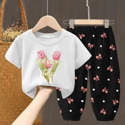 Conjuntos de verano para niñas, ropa para niños pequeños, camiseta de moda, top y pantalones, 2 piezas