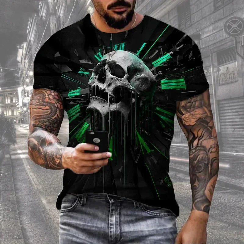 Camiseta de manga corta con estampado 3D de calavera de terror, estilo hip hop callejero, cuello redondo, holgada e informal, para verano, 2025