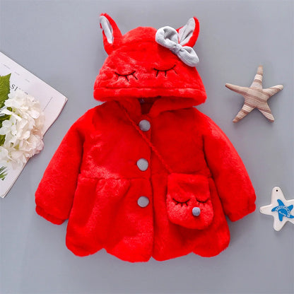 Conjunto de 2 piezas de ropa para niña, nueva chaqueta con capucha de conejo de manga larga, lazo de felpa de invierno, ropa para niños de 0 a 3 años.