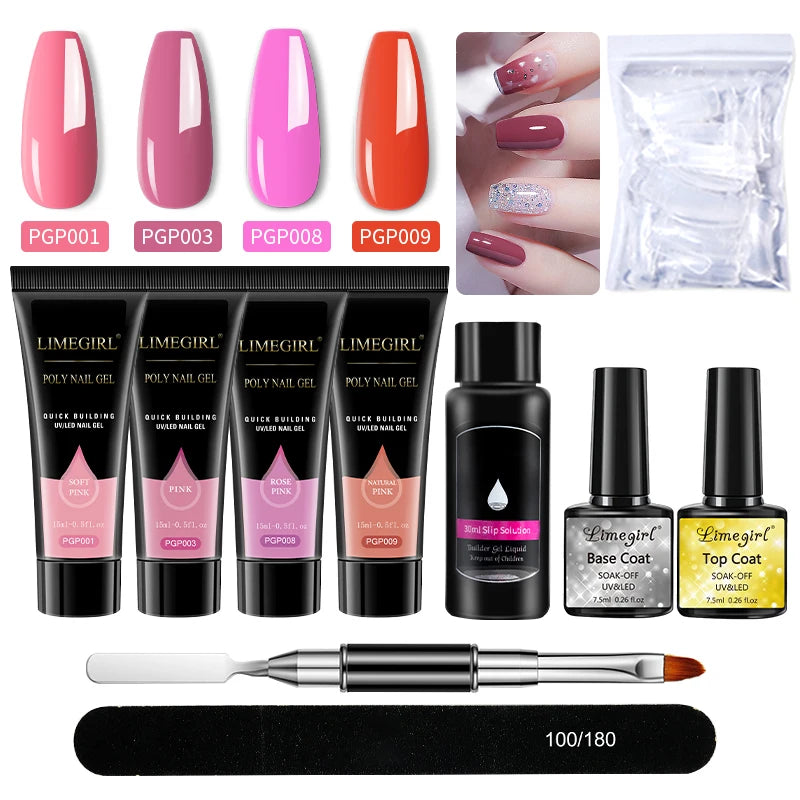 Kit Nail Art Limegirl, gel de uñas polivinílico, gel de remojo extensible, kit de esmalte de gel acrílico para principiantes, gel semipermanente