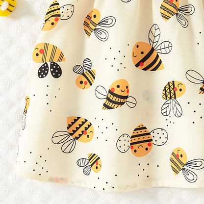 Vestido de verano para niña con diseño de abeja amarilla, bonito vestido de princesa con mangas voladoras, con diadema.