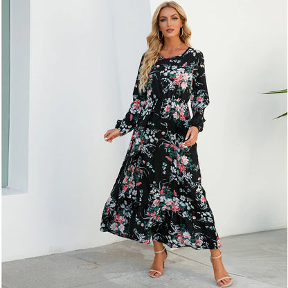 Vestidos largos bohemios informales de manga larga y cintura alta para mujer, de gasa, para playa, primavera y otoño, con estampado floral