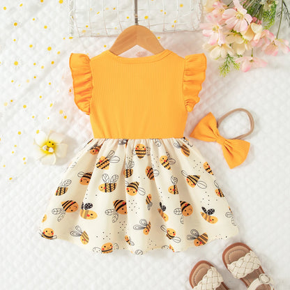 Vestido de verano para niña con diseño de abeja amarilla, bonito vestido de princesa con mangas voladoras, con diadema.