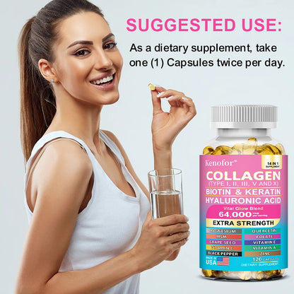 Colágeno Kenofor 1000 mg con biotina 10 000 mcg, queratina, ácido hialurónico, vitamina C, fórmula saludable, suplemento dietético sin gluten.