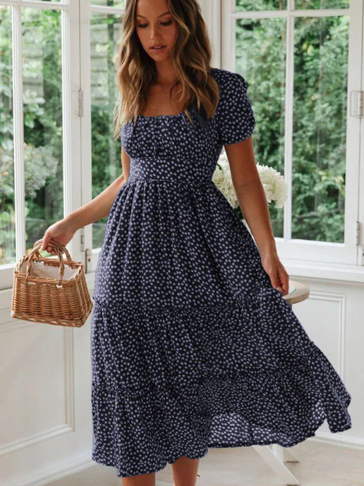 Sexy Square Collar Floral Print Midi Dress 2024 Women's Summer Puff Short Sleeve Ruffles Casual Party Dresses For Women Robe