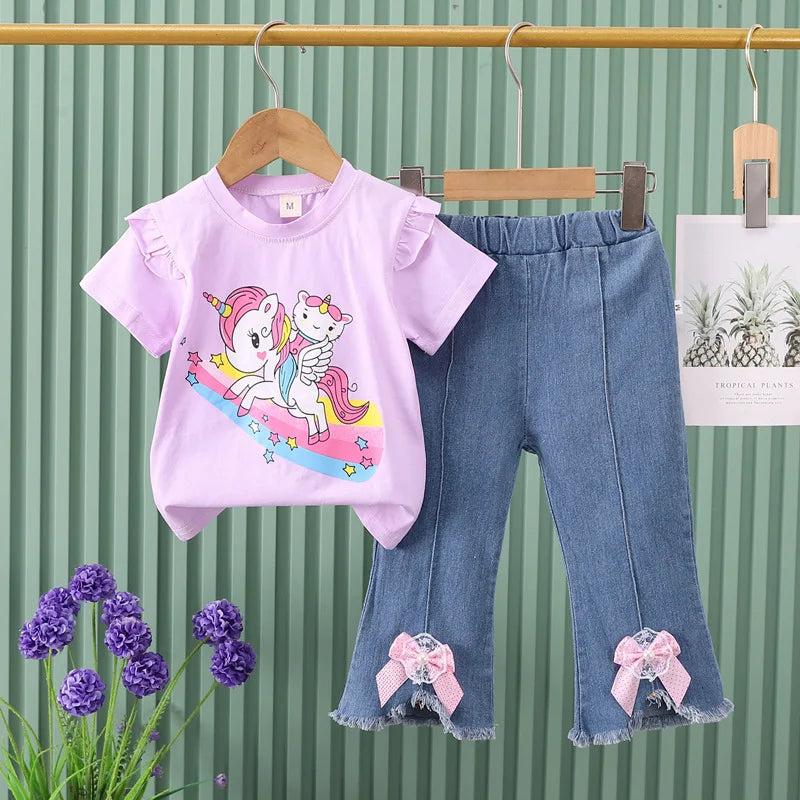 Conjunto de verano para niñas de 0 a 4 años, nuevo, con estampado de dibujos animados, manga corta y pantalones vaqueros, 2025