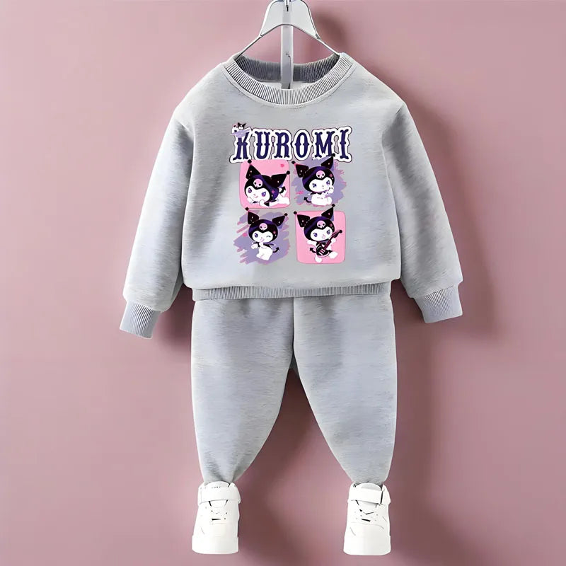 Conjuntos de sudaderas con capucha para niños de Sanrio, otoño y primavera, chándal con estampado de Kuromi para niños y niñas, conjunto de 2 piezas de jersey y pantalón transpirables para niños