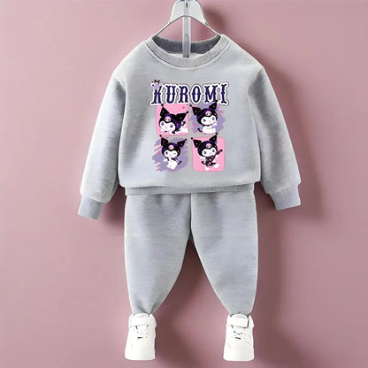 Conjuntos de sudaderas con capucha para niños de Sanrio, otoño y primavera, chándal con estampado de Kuromi para niños y niñas, conjunto de 2 piezas de jersey y pantalón transpirables para niños