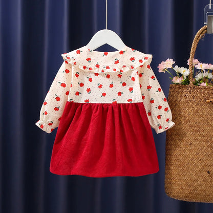 Vestido de otoño para niñas recién nacidas, de manga larga, con solapa y flores fragmentadas de dibujos animados, vestido de princesa para bebés, vestido con tirantes de flores