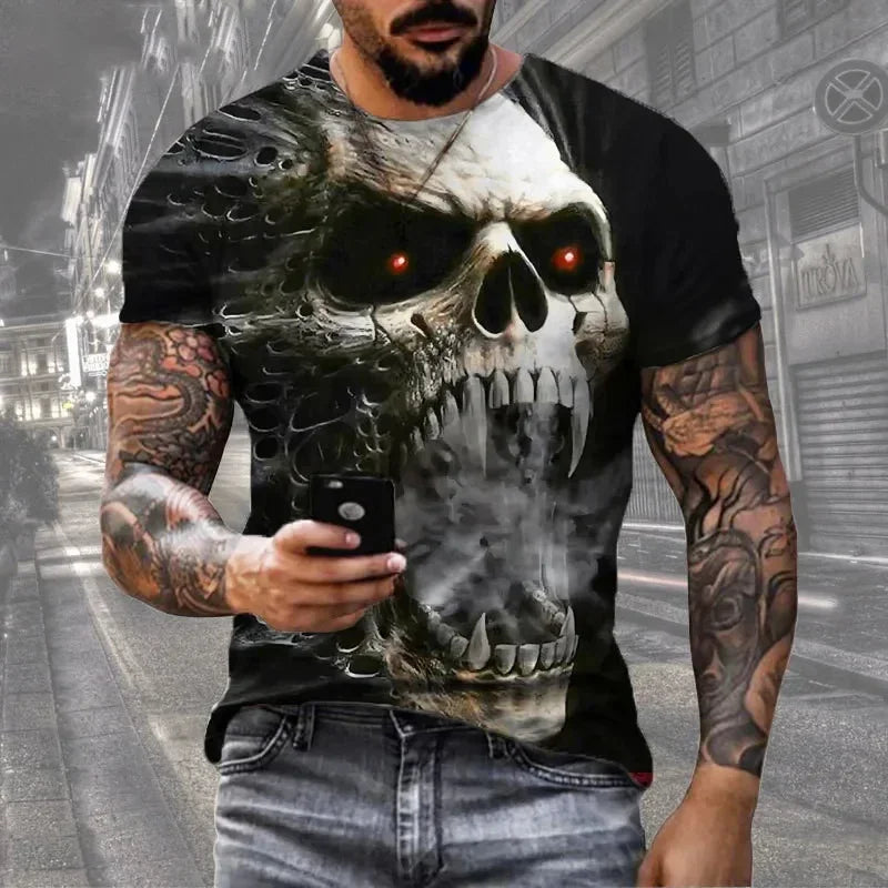 Camiseta de manga corta con estampado 3D de calavera de terror, estilo hip hop callejero, cuello redondo, holgada e informal, para verano, 2025