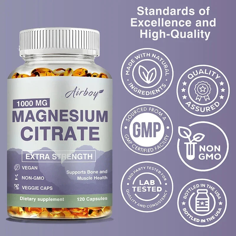 Citrato de magnesio: suplemento para el estrés, la relajación, los huesos, el sueño, la salud cardíaca, los nervios, los músculos y el metabolismo.