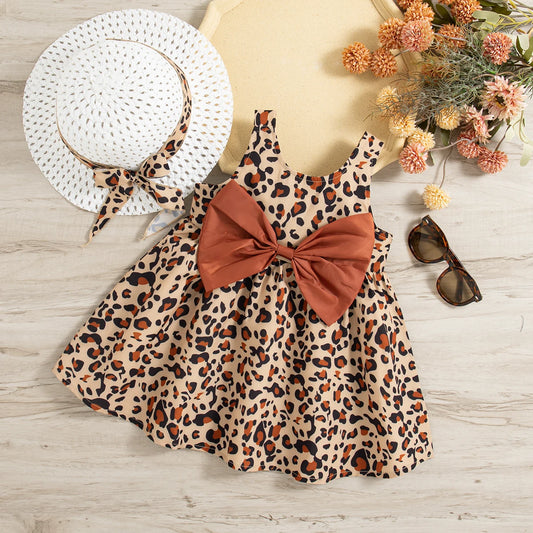 Vestido de verano para niña con estampado de leopardo y lazo decorativo, con tirantes, bonito vestido de fiesta para niña