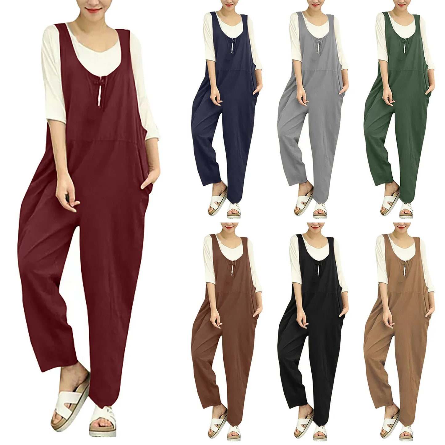 Enterizo sencillo sin mangas con pantalones largos para mujer, de verano, de algodón fino con bolsillos, informal, multicolor, con cuello en V y tirantes