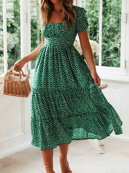 Vestidos Vintage Estampado Vintage Manga Abullonada Verano Playa Dulce Vestidos Casual Cuello Cuadrado Floral Maxi Vestido Largo Fiesta