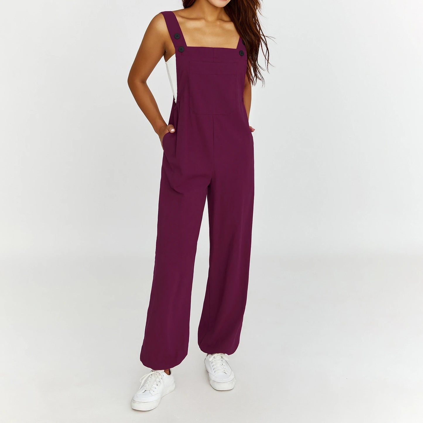 Puloru - Mono informal con tirantes para mujer, liso, sin mangas, cuello cuadrado, pantalones largos con tiras y bolsillos, ropa de calle