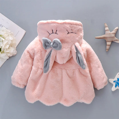 Conjunto de 2 piezas de ropa para niña, nueva chaqueta con capucha de conejo de manga larga, lazo de felpa de invierno, ropa para niños de 0 a 3 años.