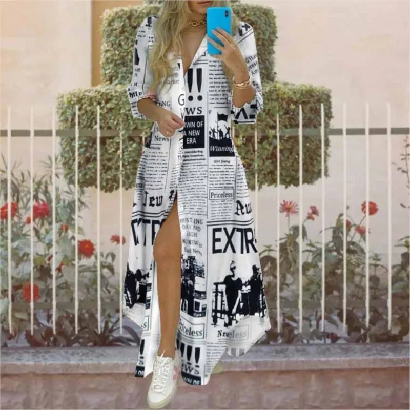 Vintage Elegant Retro Print Women's Shirt Dress Fashion Casual Holiday Dress Long Sleeve Irregular Office Lady Summer New Dress