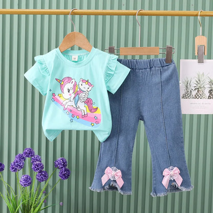 Conjunto de verano para niñas de 0 a 4 años, nuevo, con estampado de dibujos animados, manga corta y pantalones vaqueros, 2025