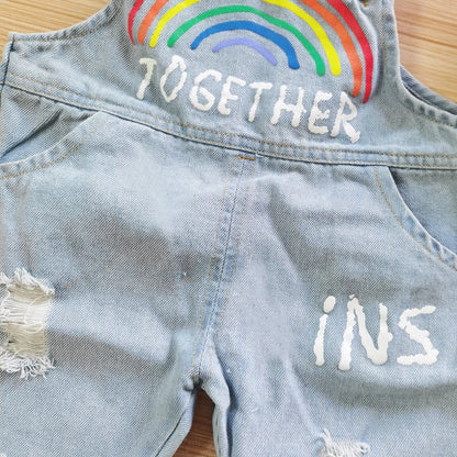 IENENS - Ropa para bebé, pantalones vaqueros con agujeros y estampado de arcoíris, mono de mezclilla, pantalones largos para bebés de 0 a 4 años