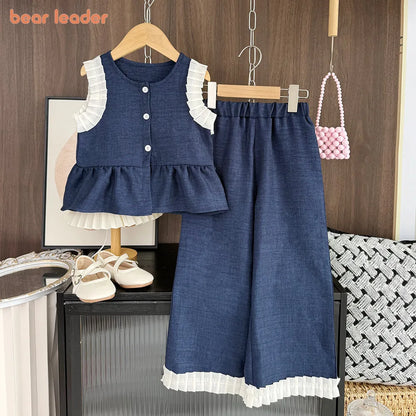 Bear Leader - Conjunto de dos piezas para niña, versión coreana, traje de mezclilla azul de imitación, camiseta sin mangas y pantalones anchos de verano