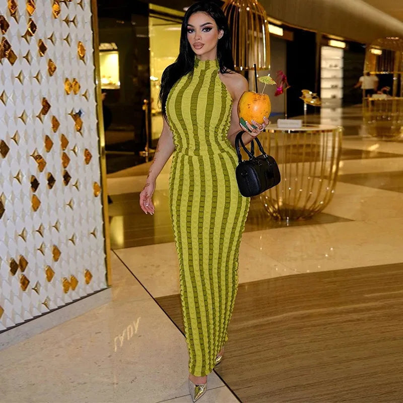 Hugcitar Patchwork Sexy Y2K Ropa Sin Mangas Espalda Descubierta Halter Fruncido Bodycon Vestidos Largos Para Mujeres Club Fiesta de Cumpleaños Trajes