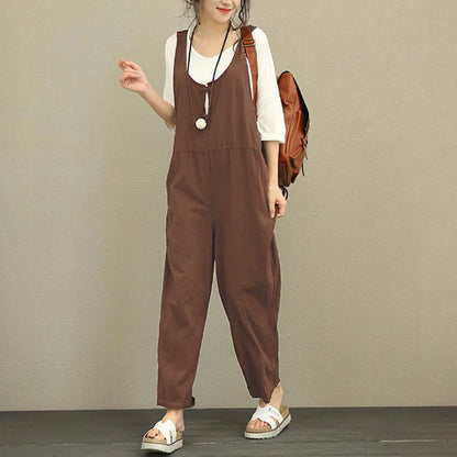Enterizo sencillo sin mangas con pantalones largos para mujer, de verano, de algodón fino con bolsillos, informal, multicolor, con cuello en V y tirantes
