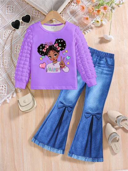 Conjunto de moda para niña de primavera y otoño con cuello redondo blanco, estampado de dibujos animados, manga larga y pantalones adelgazantes de color liso, dos piezas