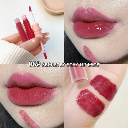 Brillo labial de doble punta, brillo total, espejo y terciopelo mate, color e hidratación de larga duración, brillo labial cosmético antimanchas.